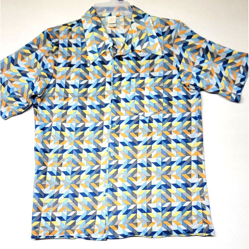 Jantzen Geometric Prism‎ Shirt Mens XL Blue Yellow Vintage 70s Short Sleeve USA